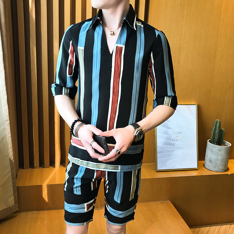 Colorful Stripe Men Shirts And Short Pants Set - FanFreakz