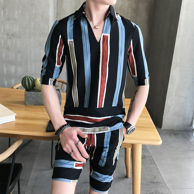 Colorful Stripe Men Shirts And Short Pants Set - FanFreakz