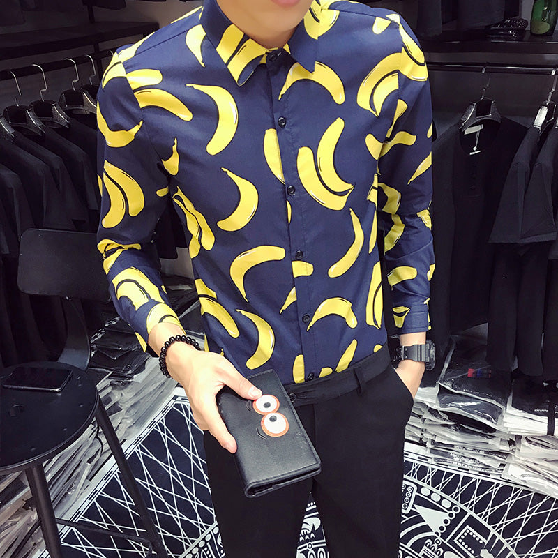 Fun Banana Print Turn Down Collar Men Slim Fit Shirt - FanFreakz