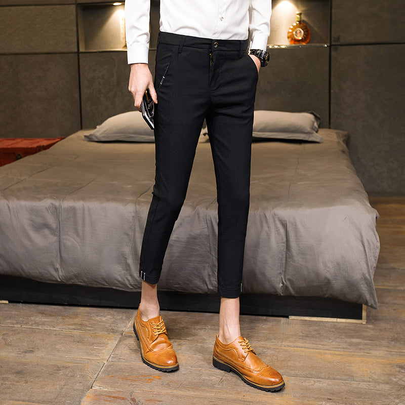 Solid Color Business Style Men Skinny Slim Fit Calf Trouser