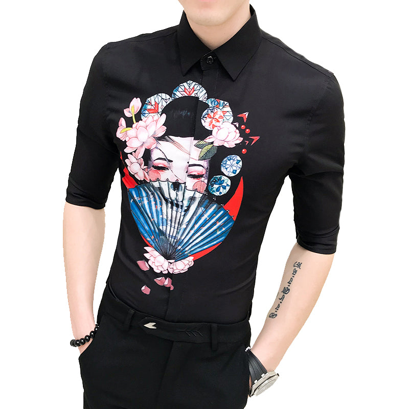 Chemise Slim Fit pour hommes avec impression de dame de beauté japonaise