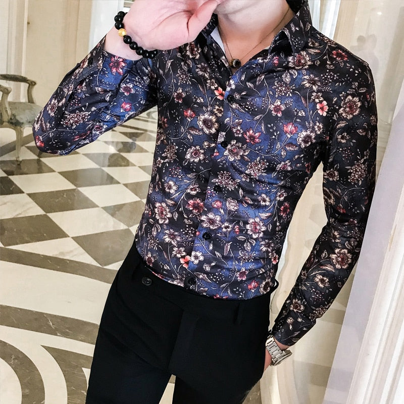 Floral Bloom Print Slim Fit Style Hommes Chemises à manches longues
