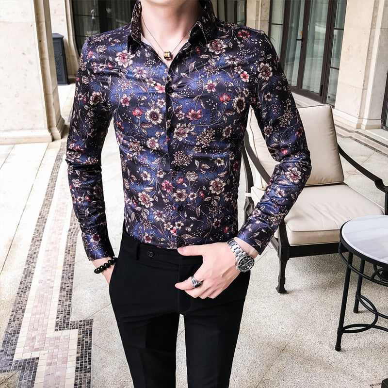 Camisas de manga larga para hombre de estilo ajustado con estampado Floral Bloom