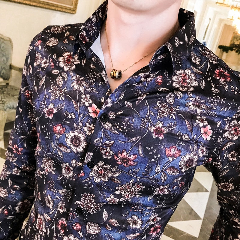 Camisas de manga larga para hombre de estilo ajustado con estampado Floral Bloom