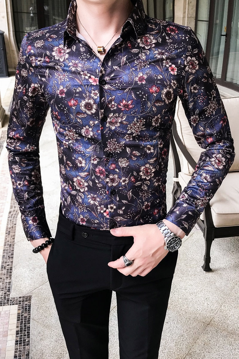 Camisas de manga larga para hombre de estilo ajustado con estampado Floral Bloom