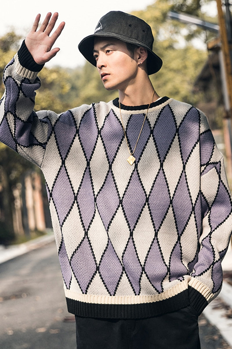 Warm Geometric Vintage Loose Knitted Pullovers Style Men Sweater