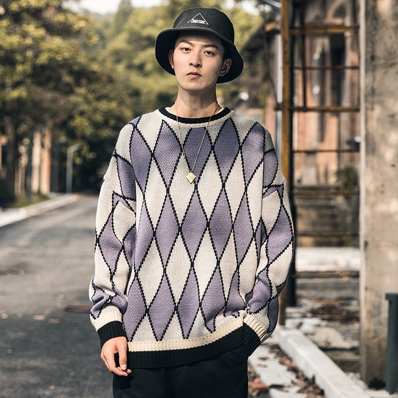 Warm Geometric Vintage Loose Knitted Pullovers Style Men Sweater