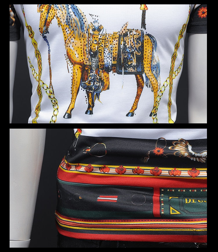 T-shirt imprimé de style baroque de boussole de cheval