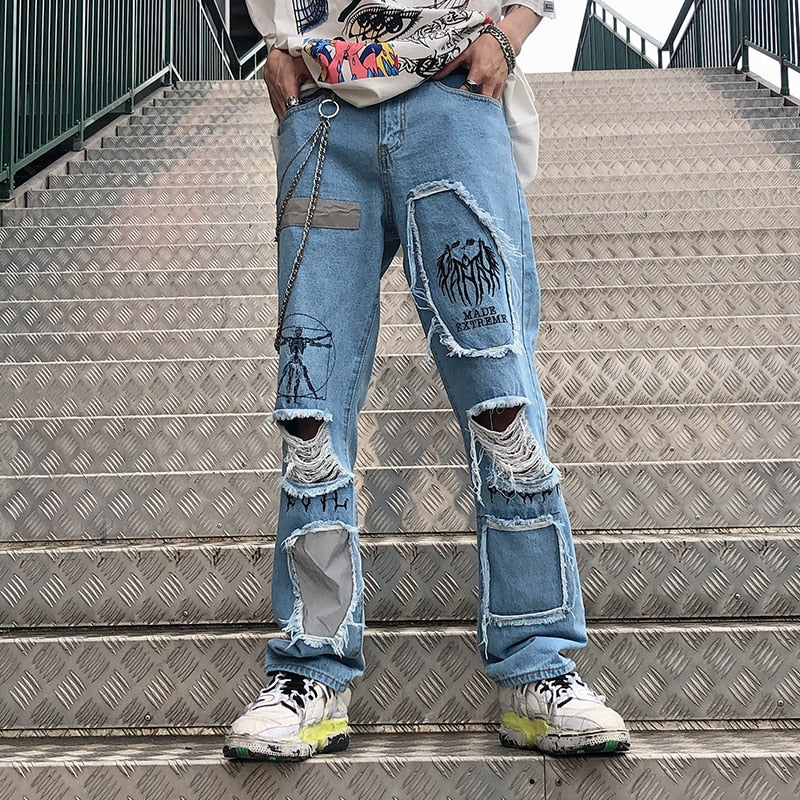 Détruit Ripped Holes Patchwork Loose Straight Jeans pour hommes