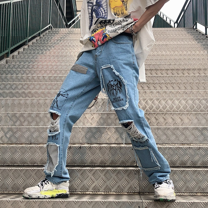 Détruit Ripped Holes Patchwork Loose Straight Jeans pour hommes