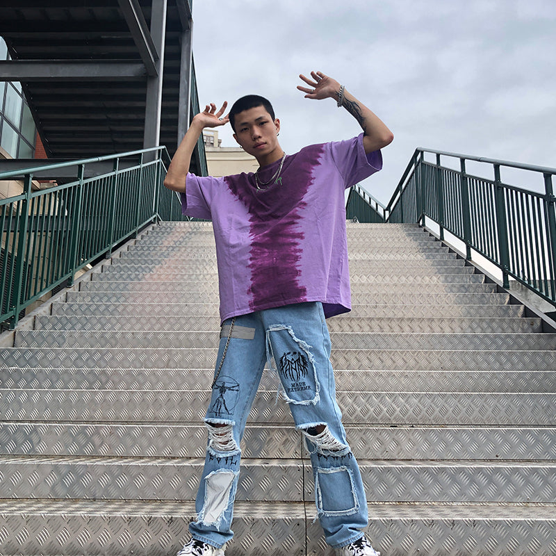 Détruit Ripped Holes Patchwork Loose Straight Jeans pour hommes