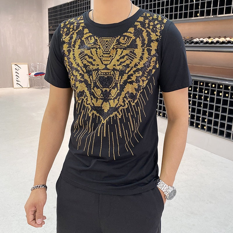 Golden Sequin Tiger Head Pattern Men T-Shirt