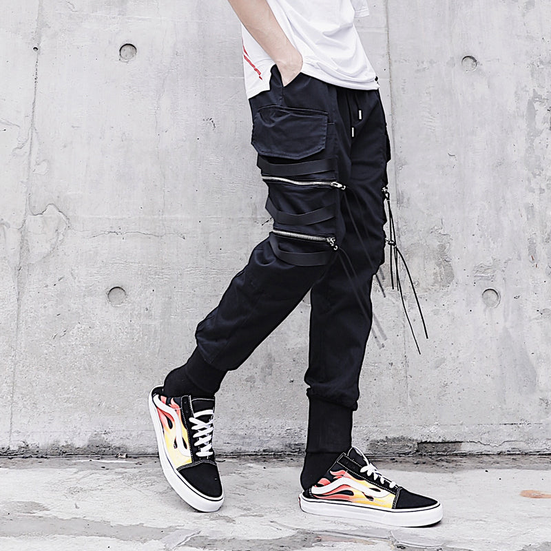 Black Multi Pocket Zipper Jogger Streetwear Men Pants - FanFreakz