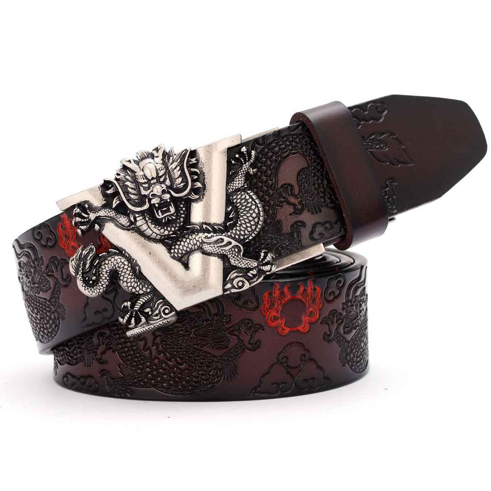 V Dragon Carved Buckle Men Leather Belt