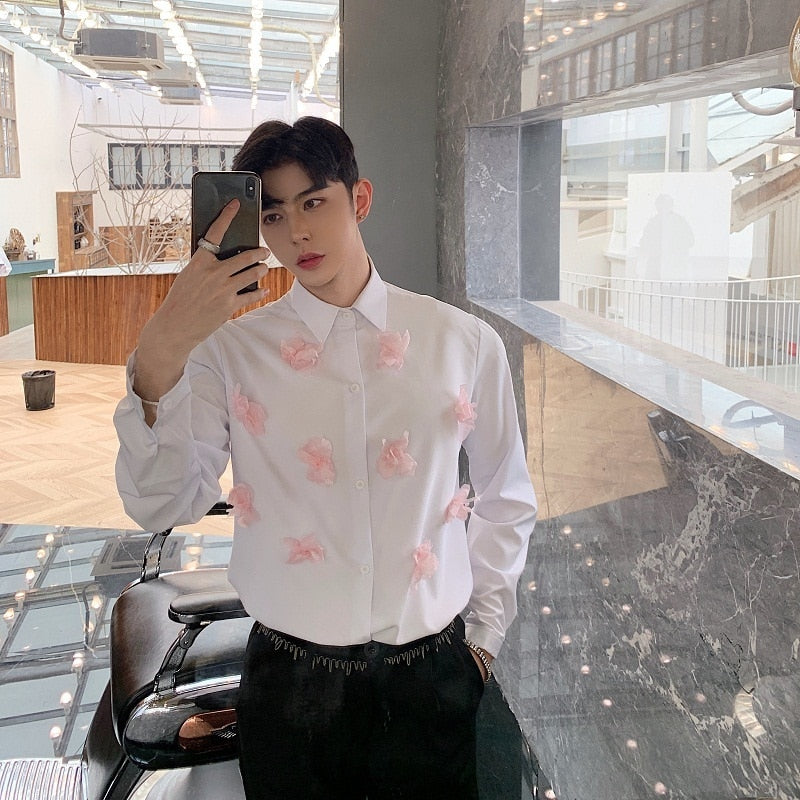 Clean White with Snow Pink Flower Men Long Sleeve Shirts Spring - FanFreakz