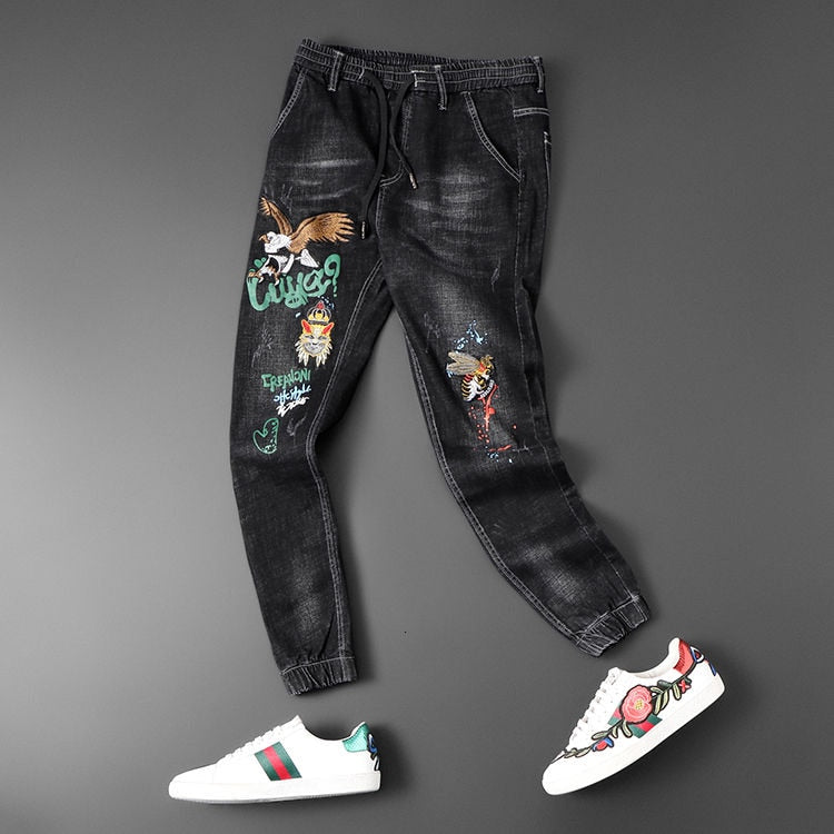Eagle and Words Embroidery Decorated Black Jeans