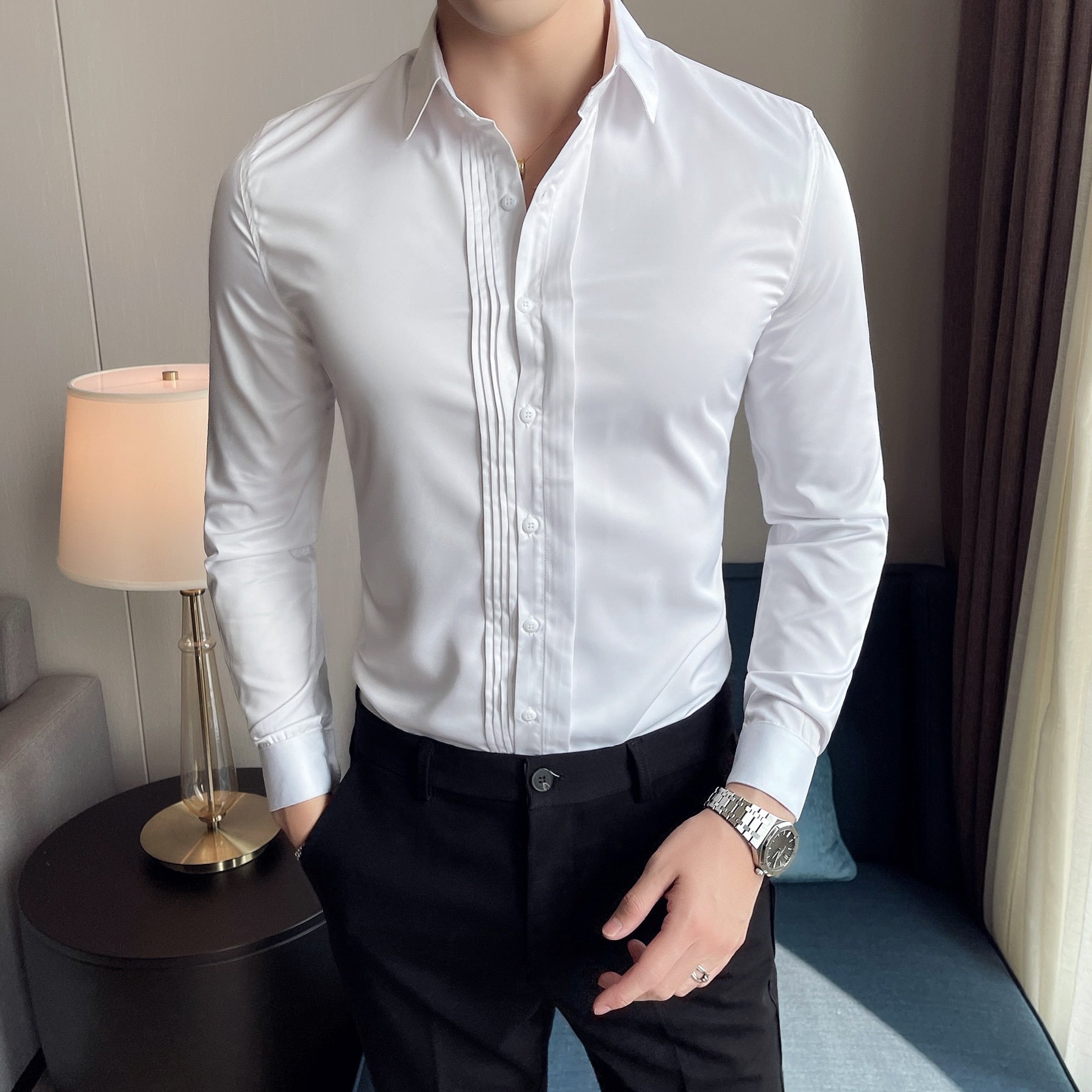 Simple Middle Chest Fold Design Slim Fit Shirt