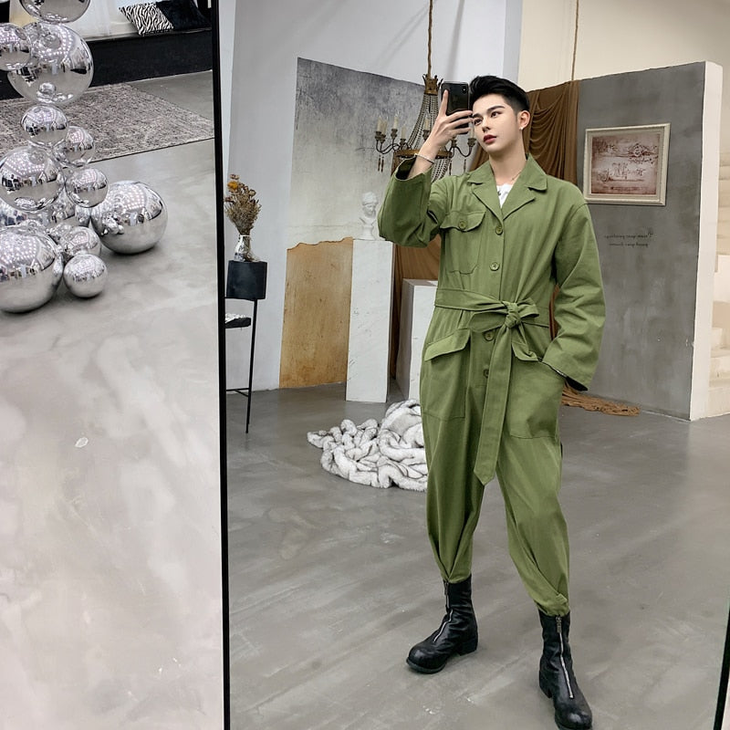 Casual Harajuku Style with Waist Rope Men Jumpsuit Shirt - FanFreakz
