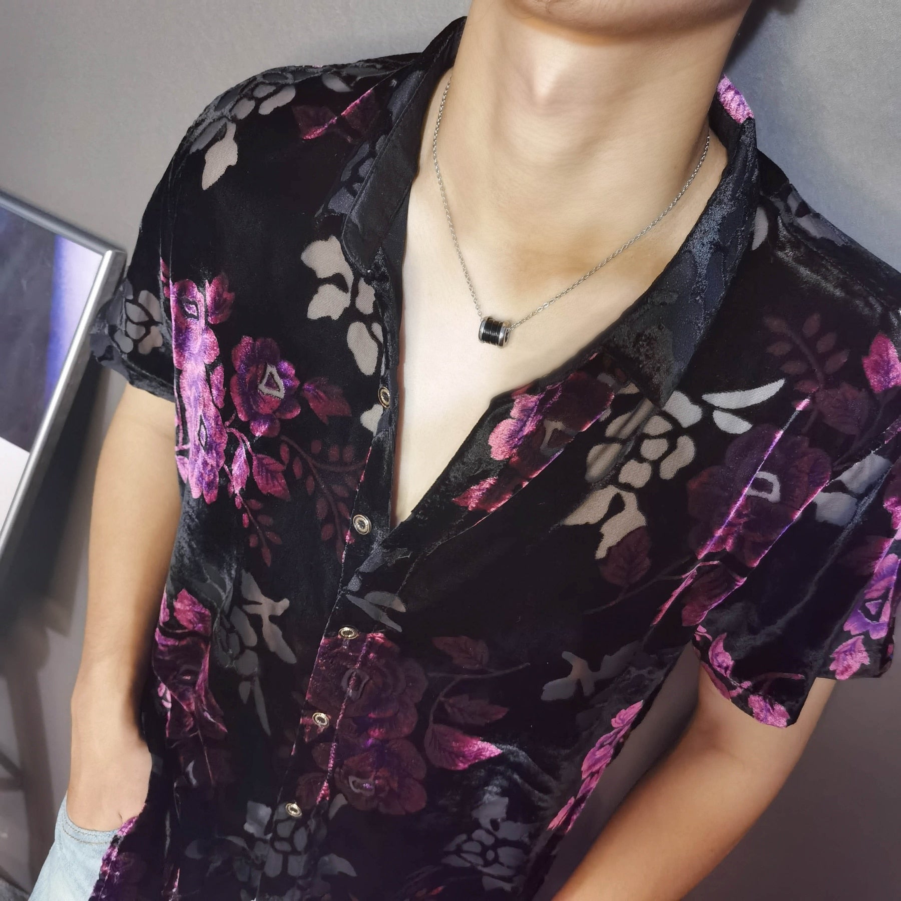 Transparent Purple Floral Masculine Velvet Shirt