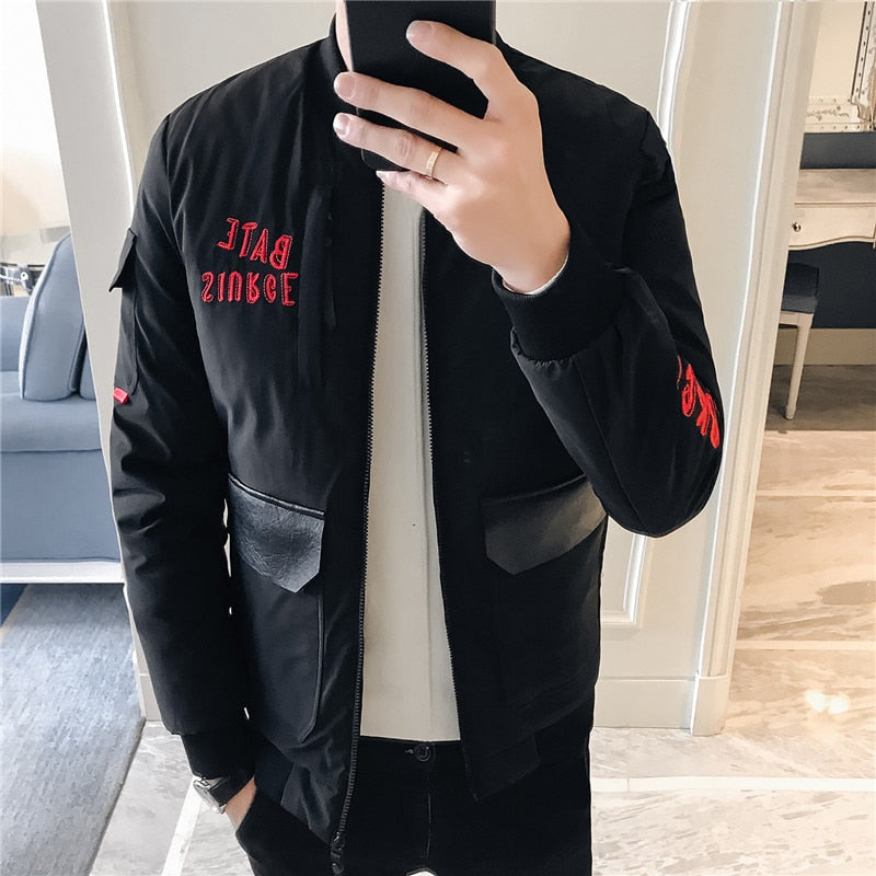 Multi Pockets with Simple Letter Detail Men Flight Bomber Jacket