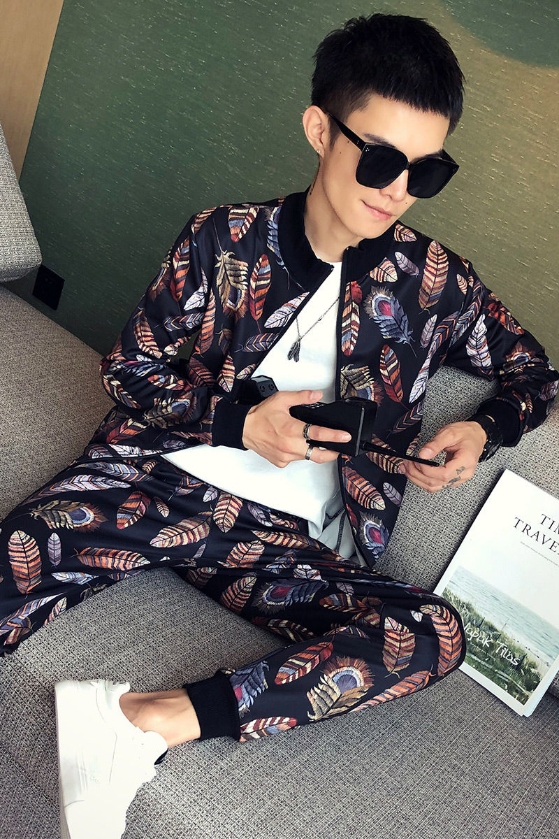 Korean Feather Mandarin Pattern Jacket + Pant Sets