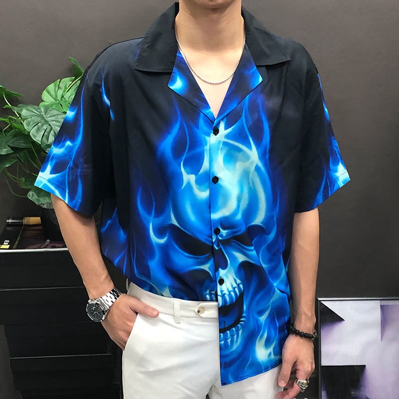 Blue Flame Skeleton Printing Shirt