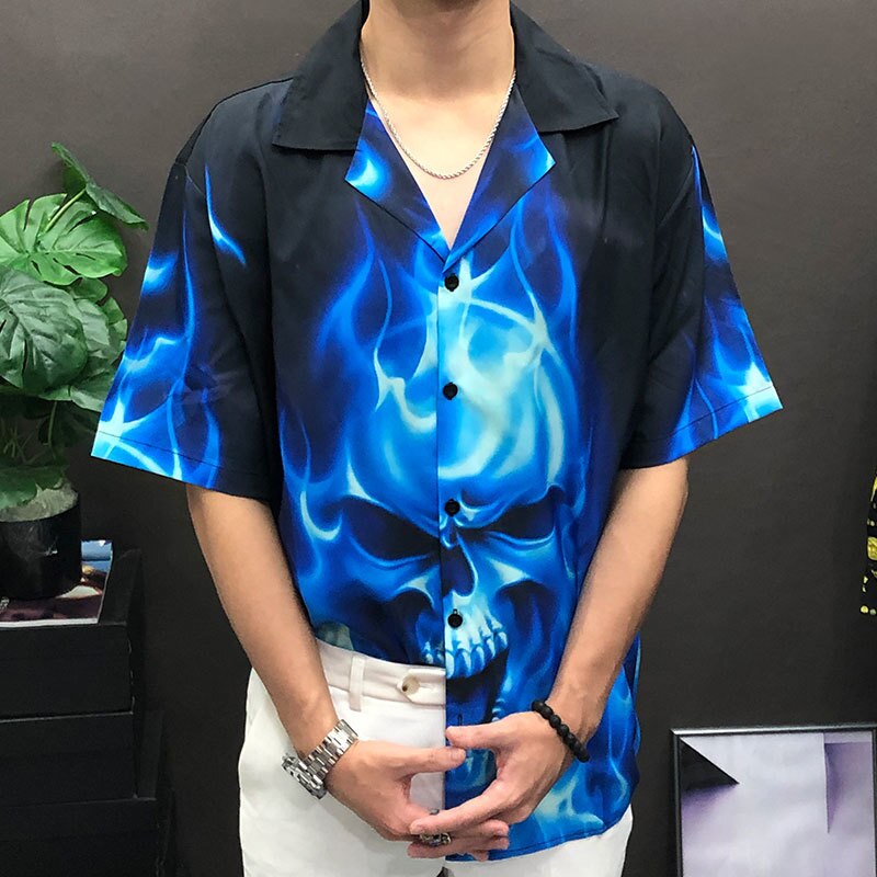 Blue Flame Skeleton Printing Shirt