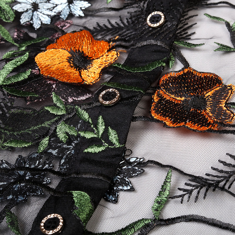 Orange Flower Embroidery See Through Men Short Sleeve Slim Fit Shirt - FanFreakz