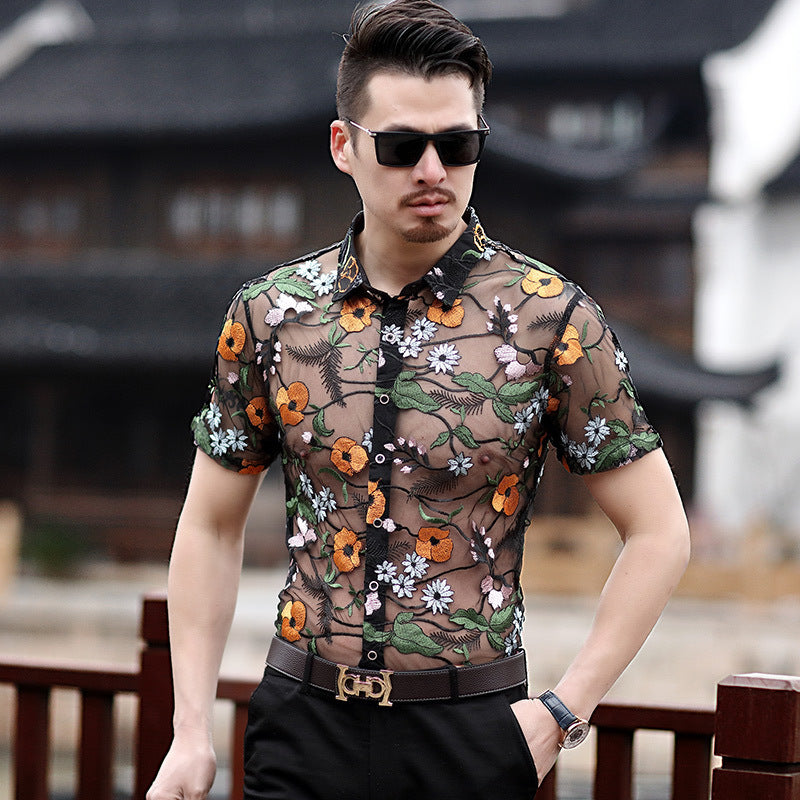 Orange Flower Embroidery See Through Men Short Sleeve Slim Fit Shirt - FanFreakz