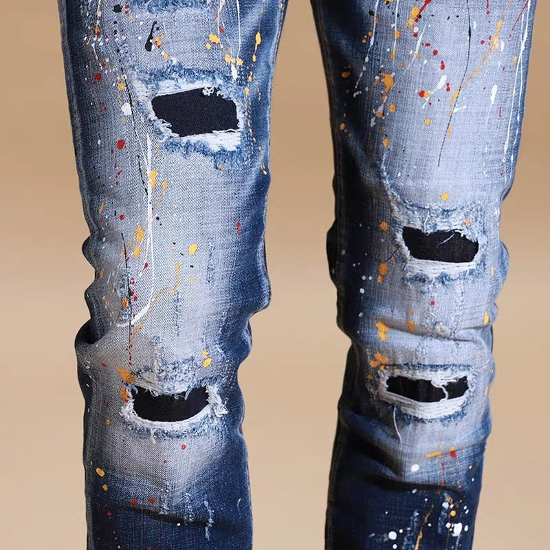 Paint Splatter Prints Men Ripped Effect Jeans