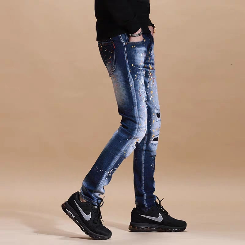 Paint Splatter Prints Men Ripped Effect Jeans