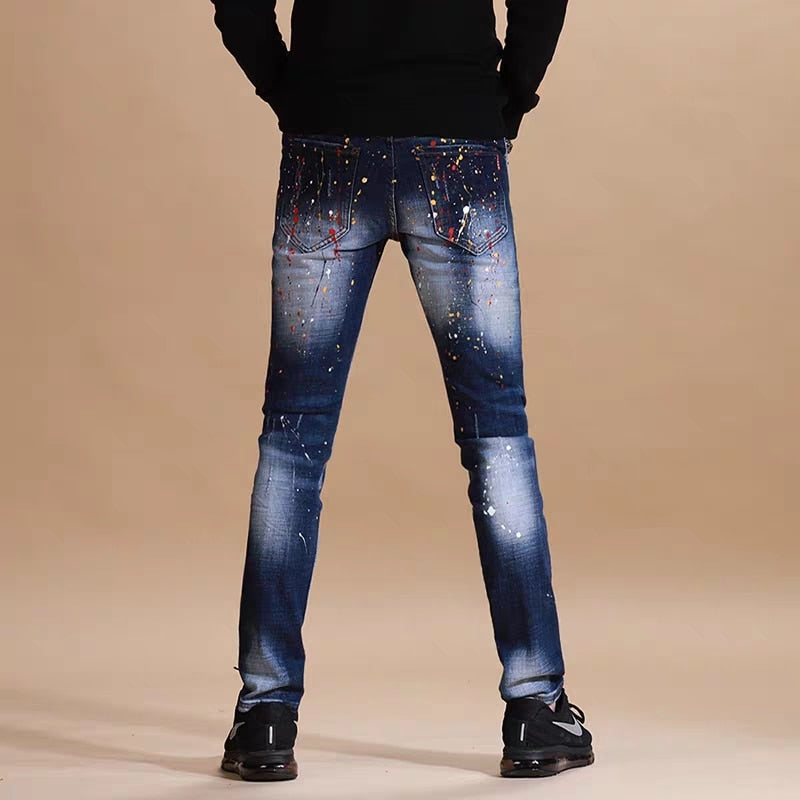 Paint Splatter Prints Men Ripped Effect Jeans