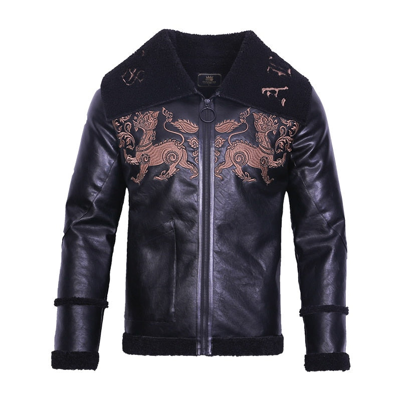Black Broad Collar with Animal Pattern Embroidery Men Pu Leather Jacket - FanFreakz