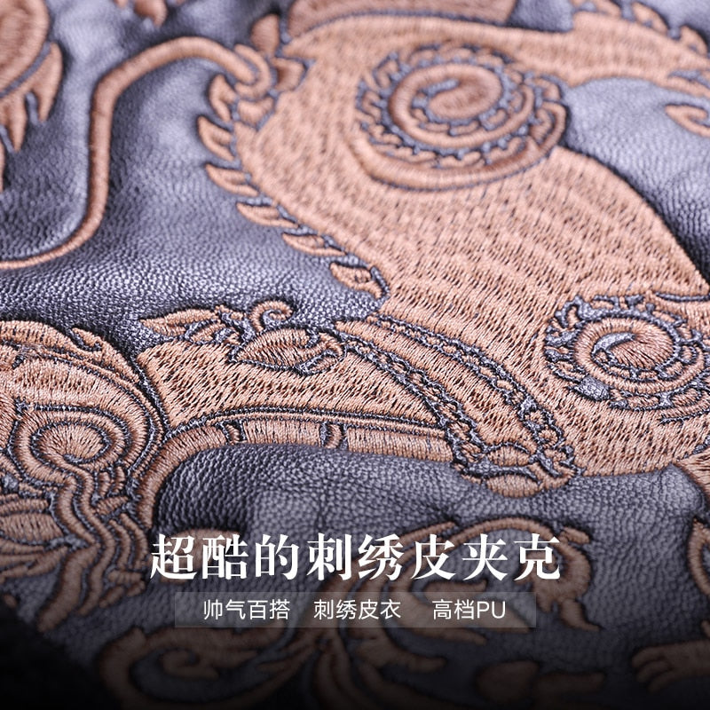 Black Broad Collar with Animal Pattern Embroidery Men Pu Leather Jacket - FanFreakz