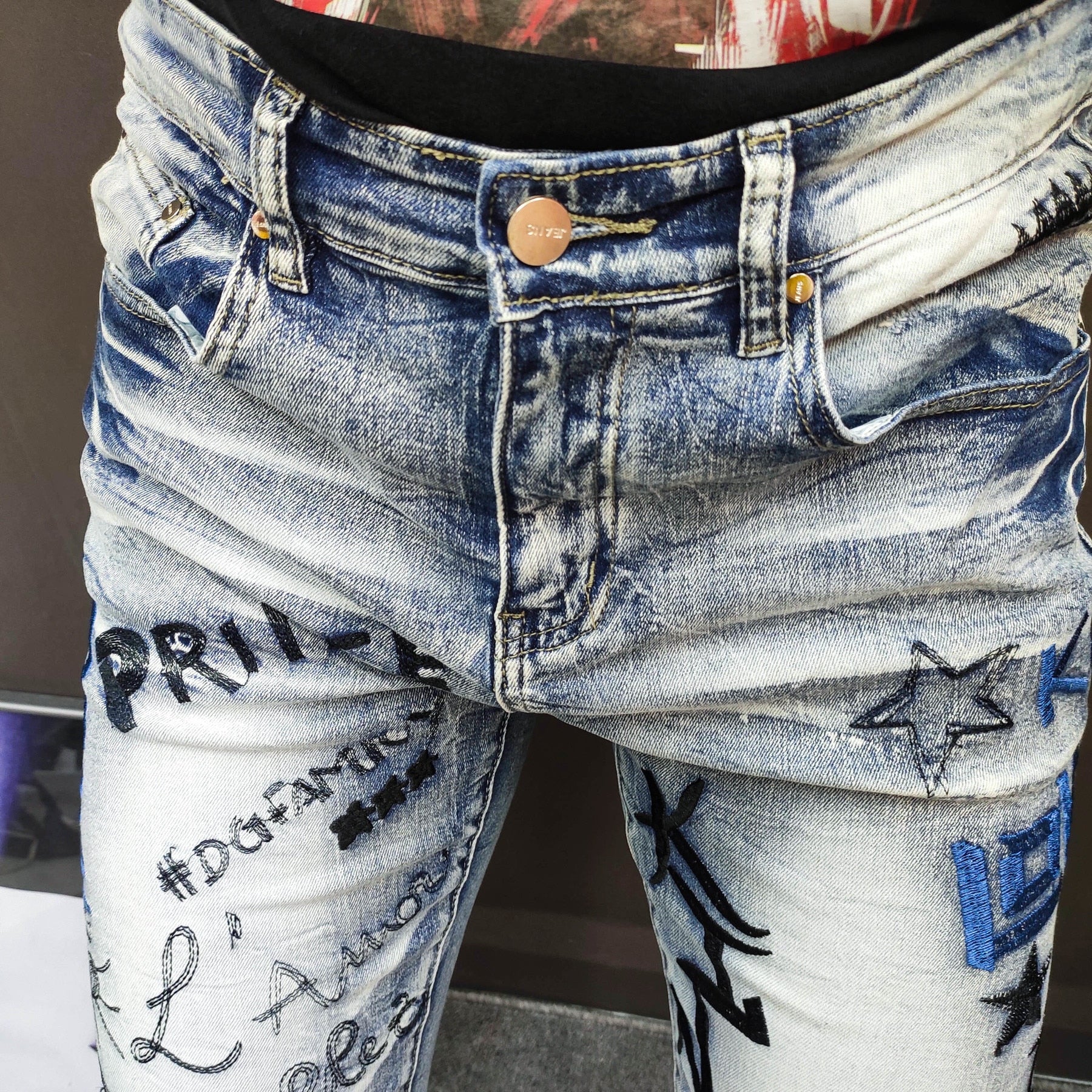 Full Embroidery Letter Tencel Jeans