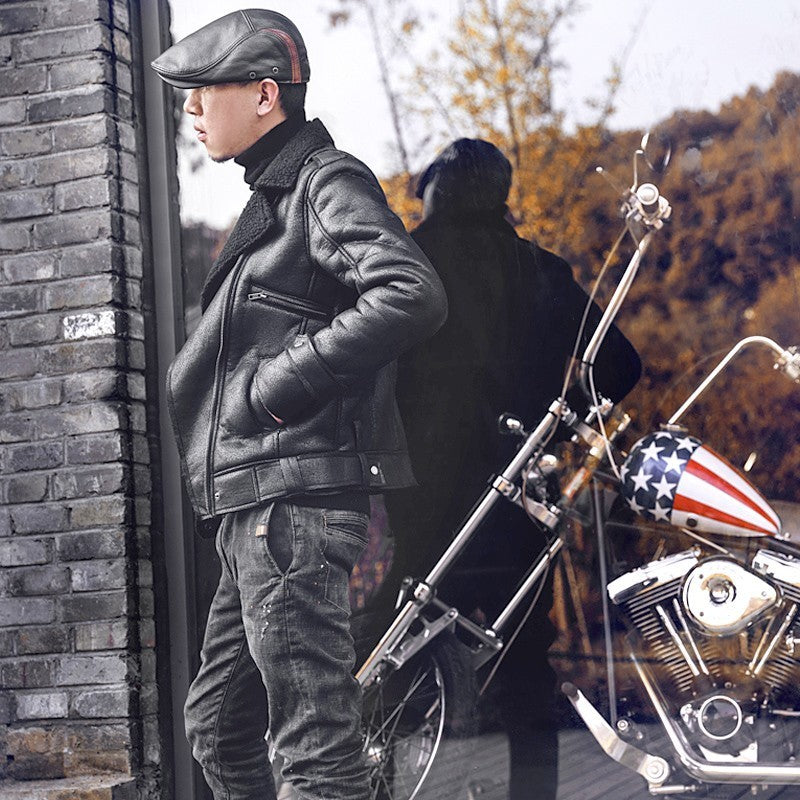 Vintage Biker Style polaire/fausse fourrure revers hommes veste en simili cuir