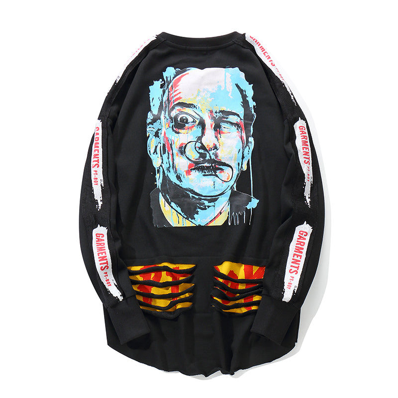 Suéter holgado de gran tamaño para hombre de estilo callejero rasgado y estampado