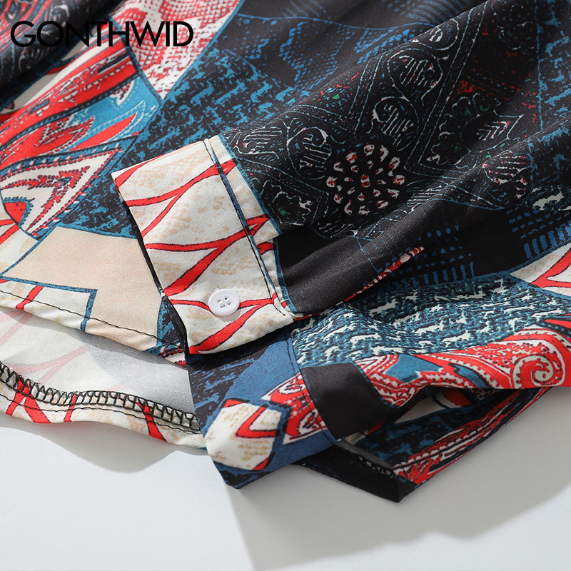 Japonés Ukiyo E Geometry Pattern Casual Streetwear Hombres Camisa