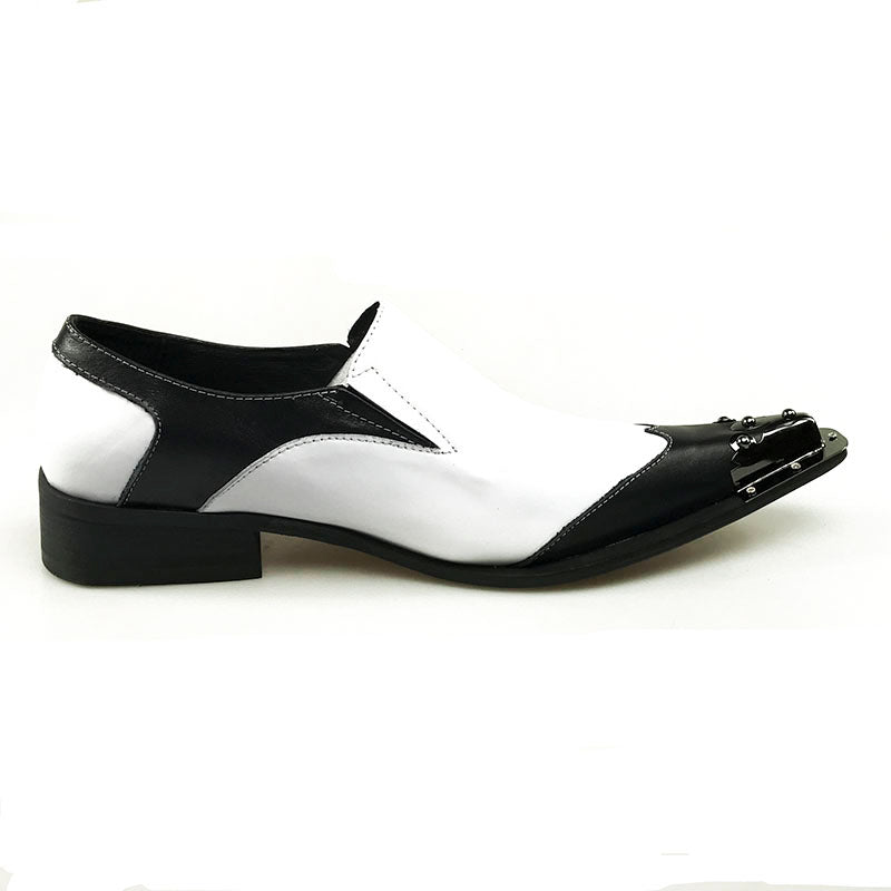 Black Metal Pointed Toe Classic Black and White Genuine Leather Patchwork Men Loafer Shoes - FanFreakz