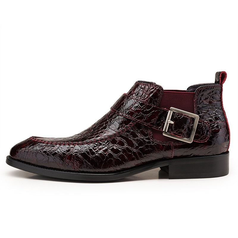 Bottines pour hommes à bout pointu avec motif croco et boucle ardillon