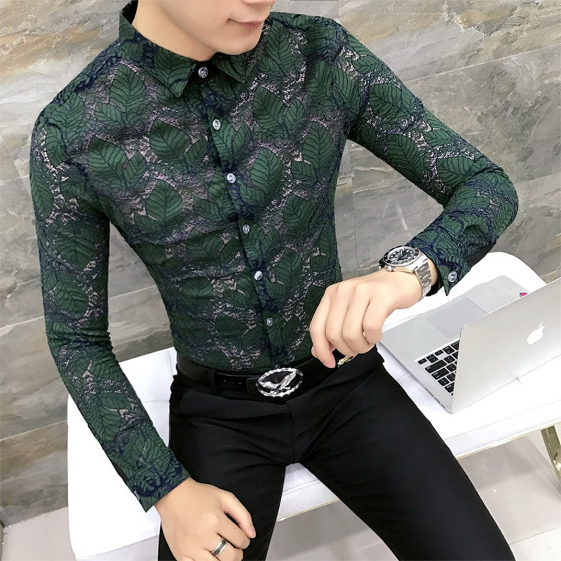 Petal Leaves Stylish Lace Long Sleeve Design Men Shirt