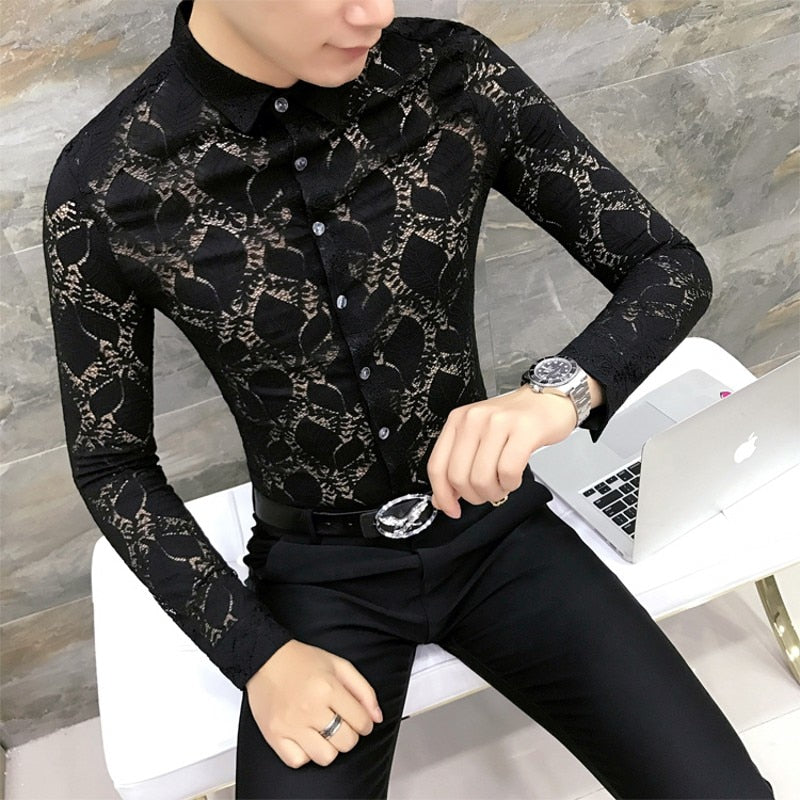 Petal Leaves Stylish Lace Long Sleeve Design Men Shirt