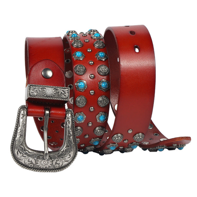 Turquoise Stone Decoration Genuine Leather Belt