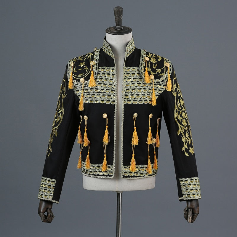 Gold Embroidery Tassel Sequin Black Stage Set Costume Men Blazer