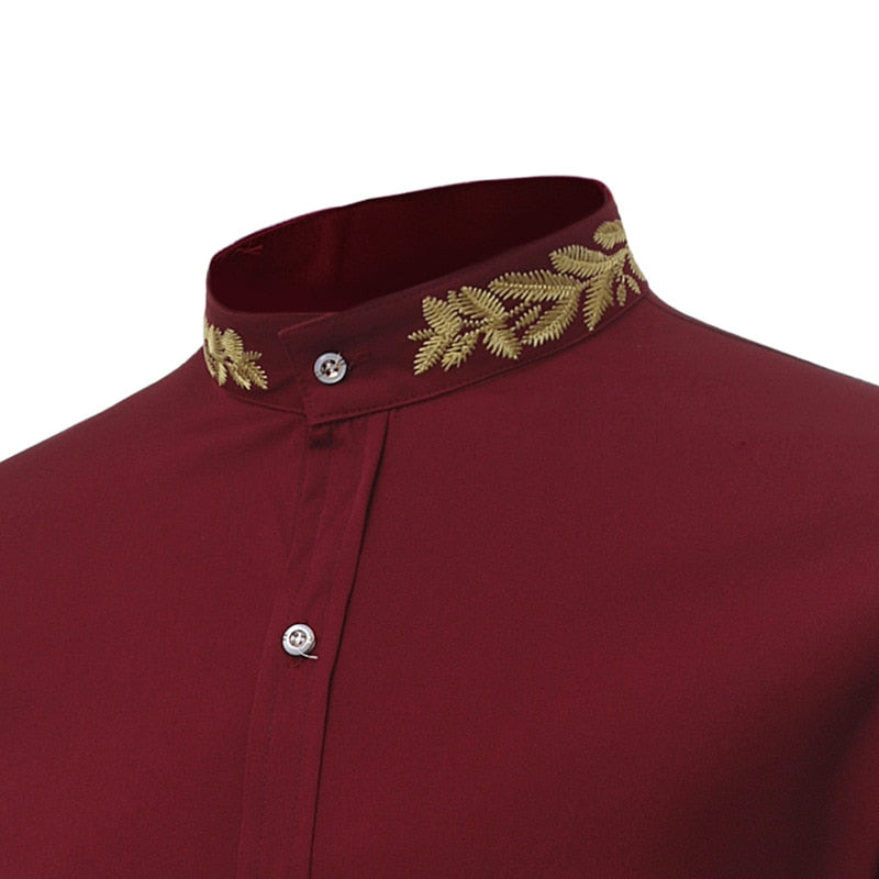 Gold Leaves Embroidery Decorated Mandarin Collar Shirt