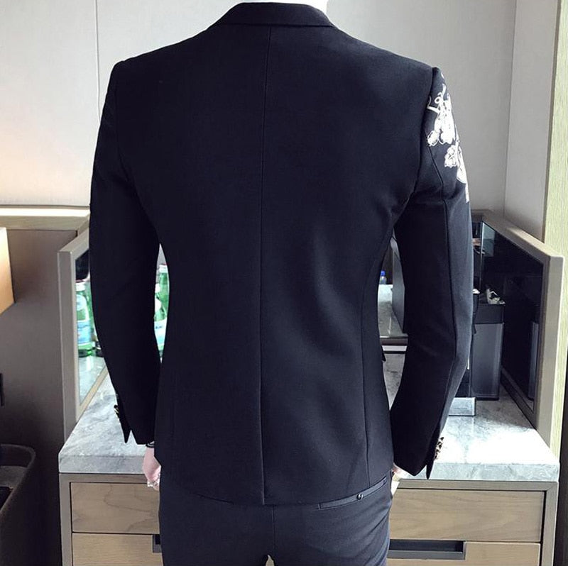 Gold Flower Print in Black One Button Slim Suit Style Men Blazer