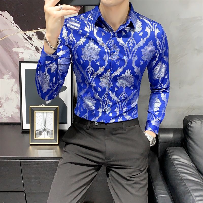 Gold Flower Shiny Printed Long Sleeve Shirt