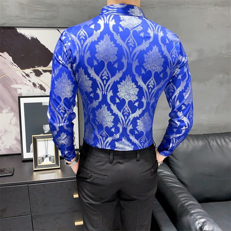 Gold Flower Shiny Printed Long Sleeve Shirt