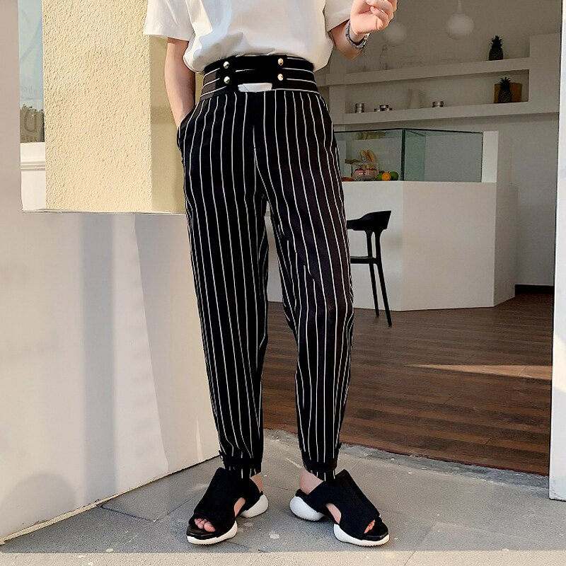High Waist Casual Striped Vintage Style Men Pants