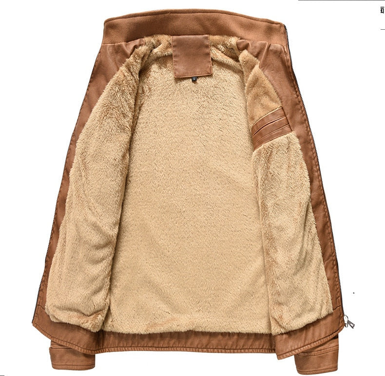 Solid Stand Collar with Faux Fur Lining Biker Style Men PU Leather Jacket